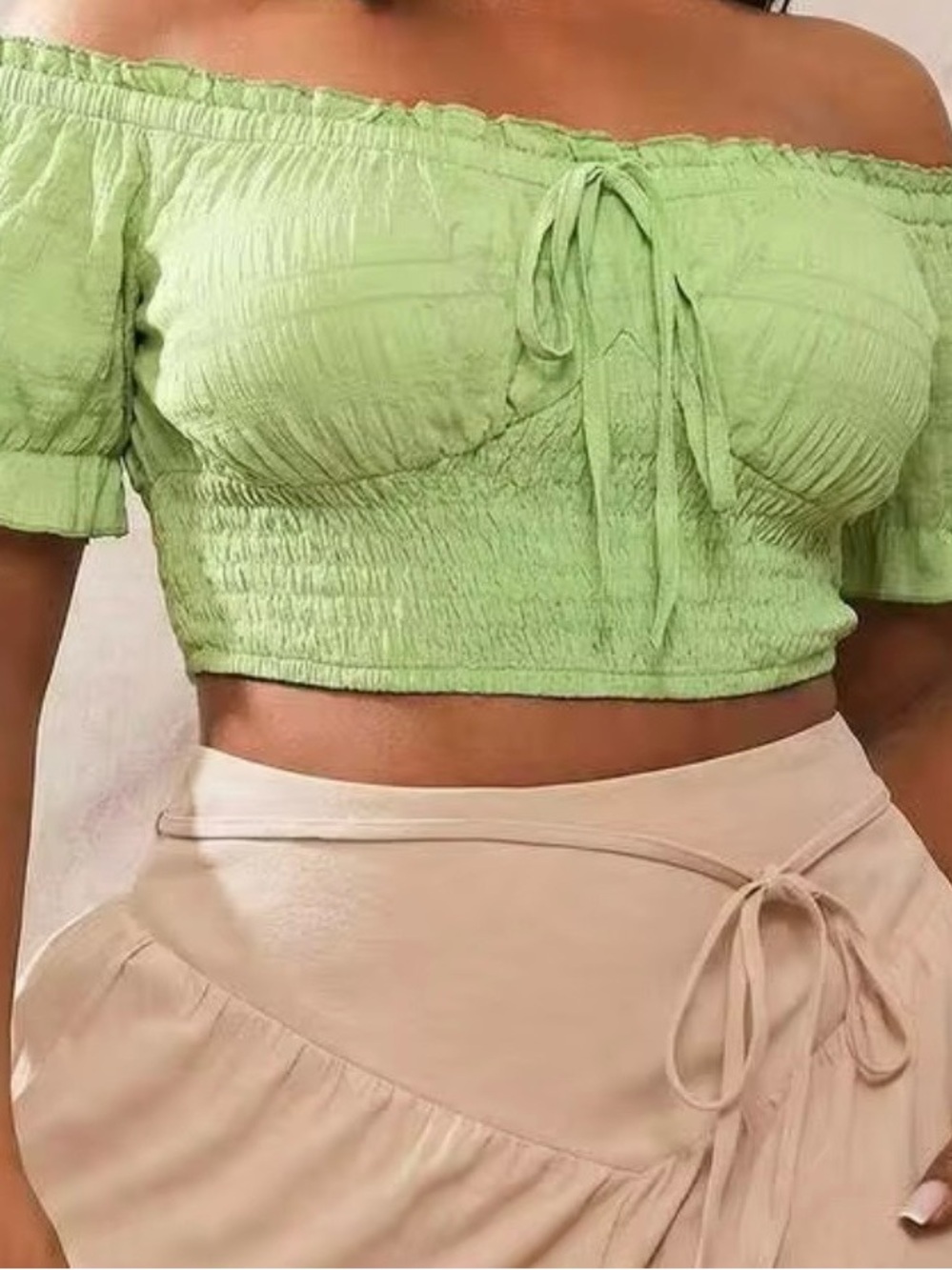Off-Shoulde Green Smocked Crop Top
